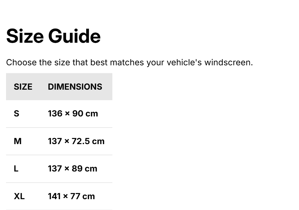 BYD SHARK 6 Front Windscreen Sunshade – size guide