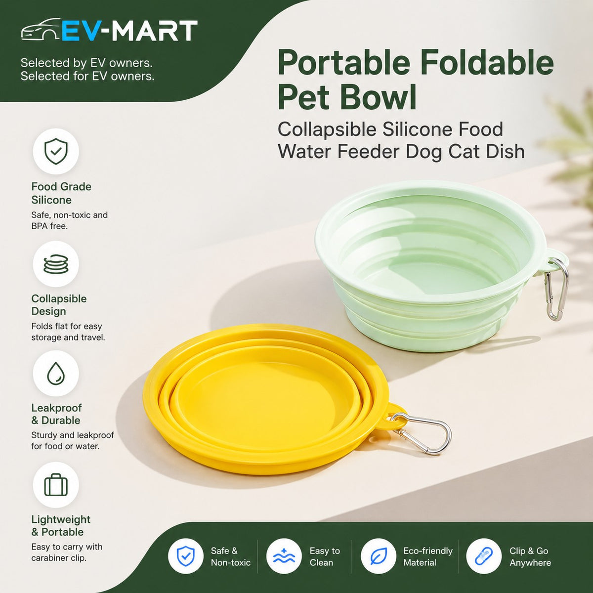 Collapsible Silicone Pet Bowl with Clip